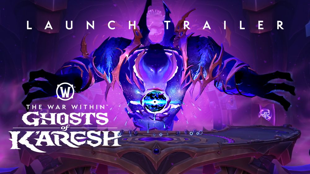 In the center of the image, there is a gigantic Void creature that takes up most of the space. Made entirely of dark blue energy and with two small, white beady eyes, this is Dimensius. Dimensius is towering over a platform that heroes are meant to stand on to fight him. Dimensius’ arms are spread out and above the platform; he can reach the entire width. In the center of the Void Lord’s chest is a gigantic dark blue sphere of energy radiating a bright blue light that resembles a small galaxy. Above the head of Dimensius are two words in white text that say, “Launch Trailer”. In the lower left of the image is the World of Warcraft logo. Below that, white text that says, “The War Within: Ghosts of K’aresh”. Behind Dimensius, in the background, is a lot of dense purple fog that glows a bit brighter and radiates when near Dimensius. The fog darkens as it spreads out further into the corners of the image.