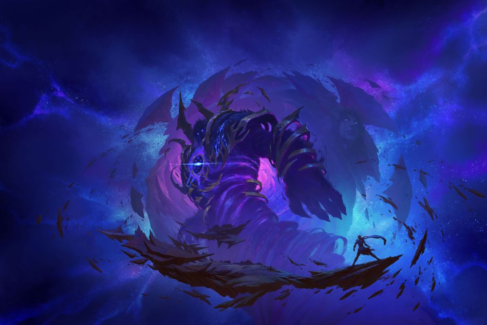 In the center of the image lies Dimensius the All-Devouring. Dimensius is poised, staring intently into the foreground of the image. He is a large, purple shadow being wreathed in twisted bands of metal around his arms, chest and shoulders. His body is reminiscent of a storm or gaseous material, his form not quite solid. His eyes, a bright purple, stare out with malicious intent. In the middle of his chest sits a large circular gap, a blue light leaking out of the center. The background consists of the remnants of a shattered world, the rock creating a spiral behind Dimensius, floating in the void that looks like stars in the night sky. In the foreground at the bottom of the image is a platform made of broken earth, floating in front of Dimensius. Atop the right side of the floating rock debris, stands Alleria Windrunner, an elven woman. Her back is to the image as she is facing Dimensius, poised to fight.