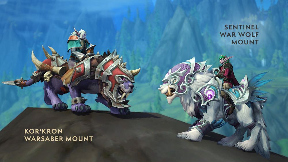 In the image, there are two characters riding mounts on top of a mountain. 

On the left, the character appears to be a Nightborne who is riding a large purple Warsaber that is equipped with armor. The armor is red with a dark metal trimming with large ivory spikes. On the back of the armor, there are skulls and large ivory tusks as decoration. To the left of the figure riding the mount is the text, “Kor’kron Warsaber”.

The character on the right is a Night Elf riding on top of a large white wolf that is wearing armor. On the back of the wolf, there are large feathers as decoration. The armor is purple with silver metal trimming. Above the figure riding the mount, it reads, “Sentinel Wolf War Mount”.

In the background, there are many green trees and mountains.
