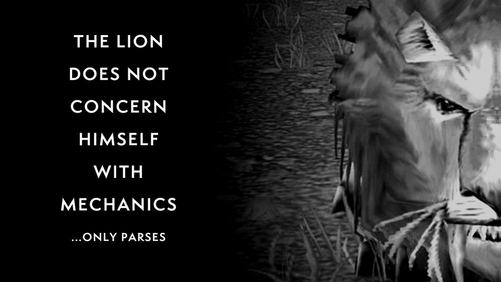 A black-and-white close-up of a lion’s face in World of Warcraft. Text on the left side reads: “The lion does not concern himself with mechanics … only parses.”