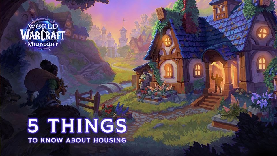 An idyllic landscape of rolling hills stretches off into the distance in the background of this image. A warm, friendly house with warmly glowing windows and a welcoming blue roof dominates the right-hand side of the image. A silhouetted humanoid figure stands just outside the doorway. A griffon can be seen peering out from a small stable on the side of the house. In the distance, another small house of similar build can be seen on the upper left. The lower third of the screen is dark and has white text with a purple stroke reading, “5 Things to know about housing.” The World of Warcraft Midnight logo is in the upper left corner.
