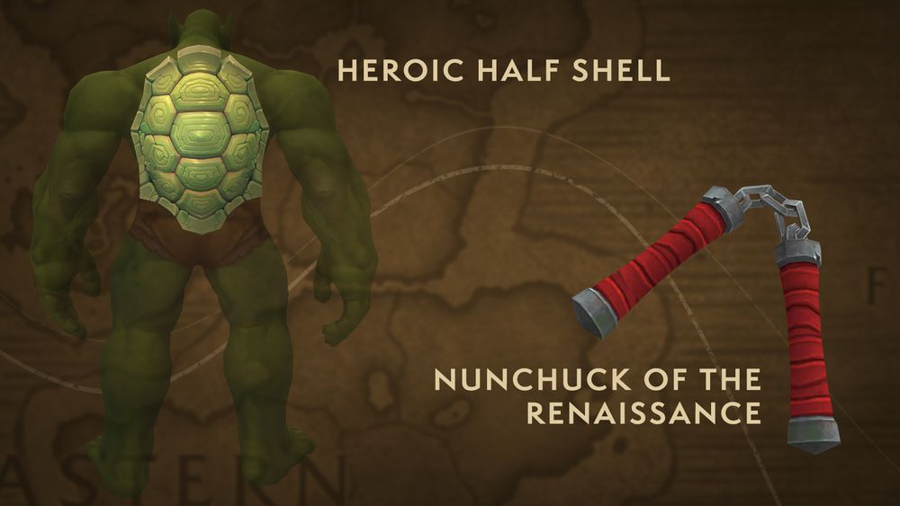 An image of an orc player character with his back turned to show off the labeled Heroic Half Shell transmog appearance to the left, and the labeled Nunchuck of the Renaissance weapon appearance to the right. The light green turtle shell covers the orc’s entire back, and the simple nunchucks are wrapped in red leather around each handle and connected by a gray metal chain. A close-up section of the in-game map of Azeroth fills the background.
