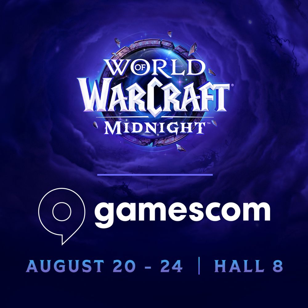 An image featuring the World of Warcraft: Midnight logo in the upper half and the Gamescom logo in the lower half, with text at the bottom that reads “August 20 – 24 | Hall 8”. The background is filled with ominous dark purple clouds swirling around the Midnight logo.