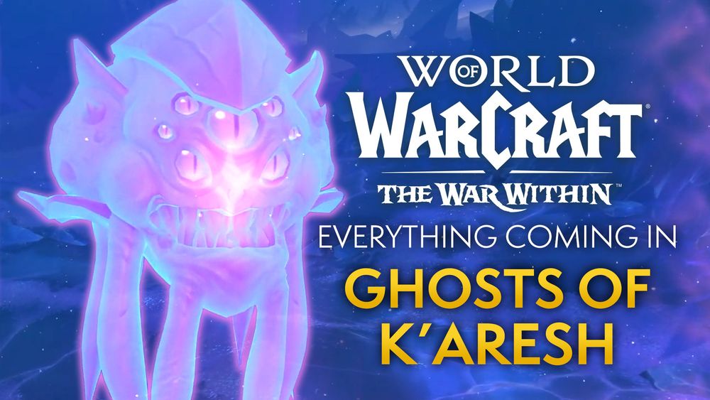 On the right side of the image, in large white text, it says, “World of Warcraft: The War Within”. Below that, it has the text, “Everything Coming In”. Below that is even more text in yellow that says, “Ghosts Of K’aresh”. The backdrop of the entire image is a foggy dark blue with mixed shades of purple. Tiny glowing particles of white and purple energy are sprinkled throughout the image's background. To the left of the text, there is an extremely large floating creature with 7 eyes and a mouth full of sharp fangs. The creature has many tentacles attached to the bottom of its body. The creature is glowing a very bright purple and is slightly transparent, almost as if it could even be a ghost. Some of the backdrop peeks through the creature's transparent body. In the dead center of the floating eye creature, the bright purple color is glowing stronger, as if it were the core of its magical power.