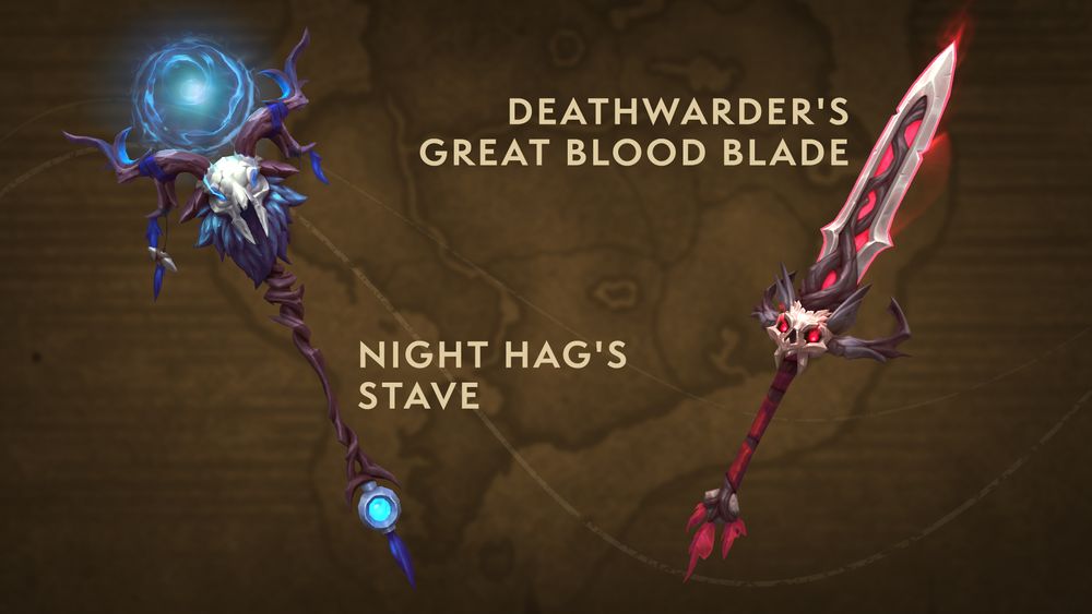 An image of the labeled Night Hag’s Stave weapon appearance to the left and the labeled Deathwarder’s Great Blood Blade weapon appearance to the right. The spooky staff is made from dark brambles woven together, splitting at the top to appear as horns for a skull mounted above the handle. Eerie blue energy emanates from the skull’s eyes into an orb of energy swirling above. The ominous sword features a large silver blade with wooden brambles entwined within the sides and glowing red energy throughout. The hilt is centered with a small skull with glowing red eyes and fangs below. A close-up section of the in-game map of Azeroth fills the background.