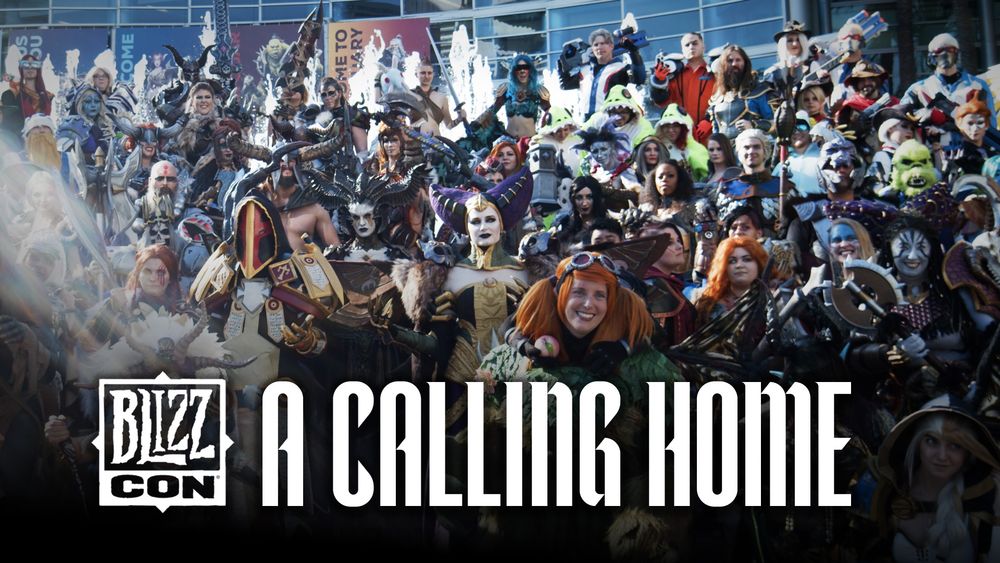 A group photo showing tens of cosplayers dressed as various characters from Blizzard franchises from Diablo to Overwatch, World of Warcraft, and beyond. The BlizzCon logo is on the bottom of the image, as well as stylized text reading “A Calling Home”.