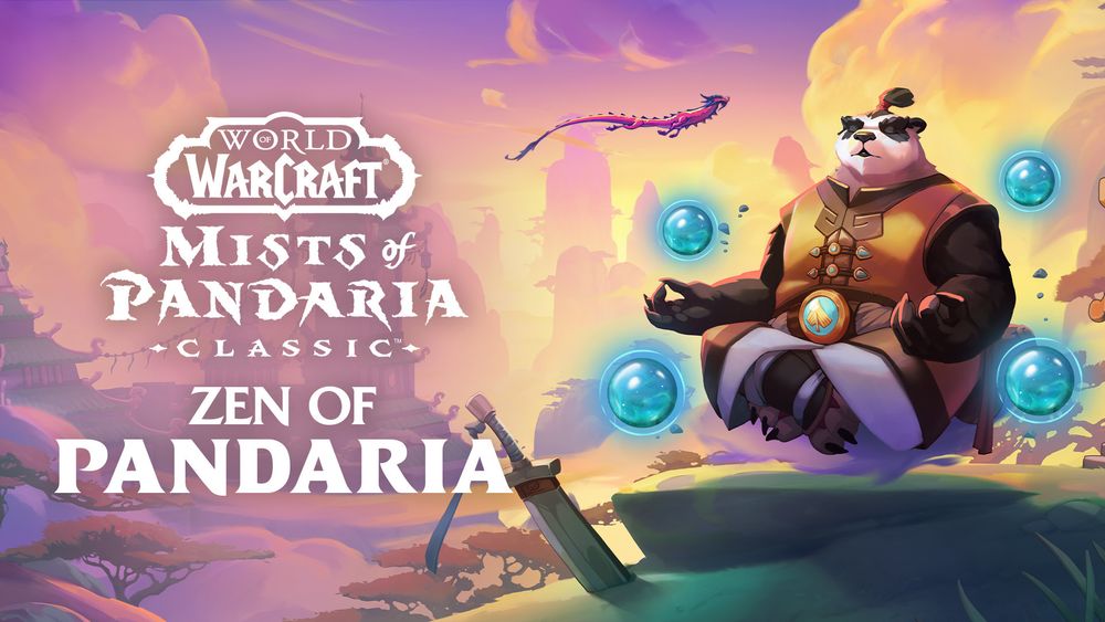 In the center of the image is a Pandaren in a deep meditative state, who is seemingly floating on a white fluffy cloud. There are 4 bright blue orbs that are glowing that surround him. His eyes are closed and in deep thought. The scenery behind him is beautiful, green and of Pandaria. On the left of the image, there is a large building, possibly a castle with bright green rooftops and gold trimming. Above the highest structure, there is a large red dragon flying through the sky which has many large white clouds. On the bottom of the image, there is lots of bright green grass. The lighting appears to be sunset, lots of orange and yellow tints throughout the edges of objects all throughout the image. To the right of the image, next to the Pandaren, there is a small bell with a rooftop. Behind the bell is more bright green grass, and trees with large clouds behind it. On the left side of the image reads “World of Warcraft: Mists of Pandaria Classic, Zen of Pandaria”.