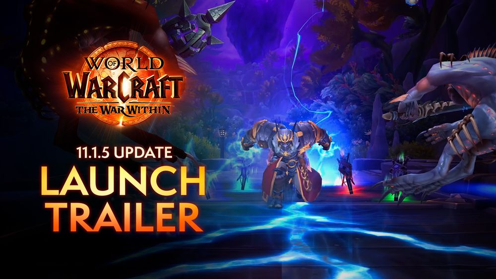 An image of a troll shaman player blasting blue lightning bolts from his hands across the ground with The War Within logo in the upper left and large text below that reads “11.1.5 Update Launch Trailer”. The troll is wearing silver armor with gold and red trim and is surrounded by glowing totems. Creatures of darkness hurtle toward him from the foreground as dark purple void energy fills the background from the distant crystal Beledar.