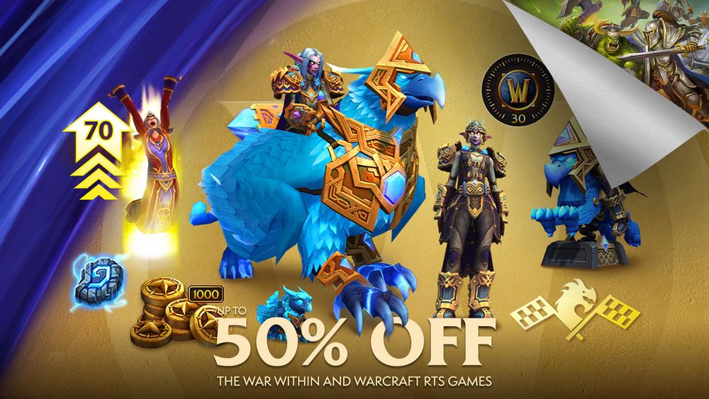 In the center of the image, there is a large blue Algarian Stormrider mount that resembles a griffin. It has darker gold metal armor equipped. There is a Night Elf with similar armor riding it. Below the mount's feet are the words, “50% OFF The War Within and Warcraft RTS Games”. To the left of the mount, there is a smaller pet version, seeming to say, ”Don’t talk to me or my son ever again.” To the left of the pet, there is text that reads, ”1000” above a small stack of tender. Further left is a small Hearthstone with lightning all around it. Above the Hearthstone, a Human character is leveling up with a giant yellow arrow pointing upwards with the number 70 written inside. On the right of the image is a Night Elf in heavy armor with gold metal trimming; the interior of the armor is a grey metal. To the right of that, there is a toy that resembles the Algarian mount, similar to a rocking horse. Below the toy is a symbol of two crossed checkered flags and a dragon in the middle of where they meet. Above the toy, it appears as if the image itself is peeling down with another image behind it. The image behind is in the style of the original Warcraft games, with a Human and an Orc fighting each other.