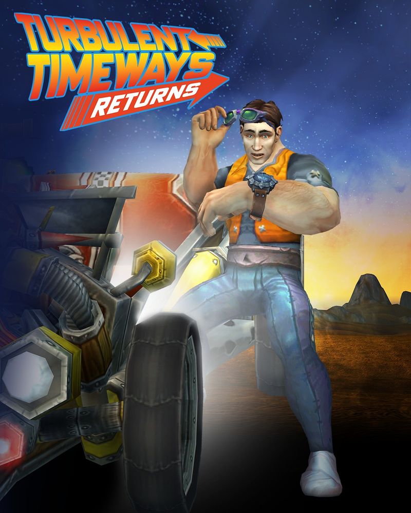 An image of a human player character standing beside a D.R.I.V.E. car with one foot in the door and another on the ground. He is lifting sunglasses off his face and looking down at his watch with a wide-eyed expression as if to say “Whoa, this is heavy”. He is wearing blue pants and shirt, with an orange vest and white shoes. A large wheel, mirror, and exhaust from the car can be seen to the left, with a view to the right of distant mountains and an orange sunset, with dark night skies above.