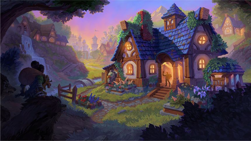An illustration of a cozy house somewhere on the outskirts of Stormwind. The house features white walls with wooden beams and warm glowing windows, all under a blue shingled roof. A human stands in the doorway waving; his silhouette is lit from behind by a warm glow inside the home. Grass and colorful plants surround the house, with cobblestone walkways and a small stable attached to the side where a gryphon is nesting comfortably. Other houses and the entrance to Stormwind fill the distant background.