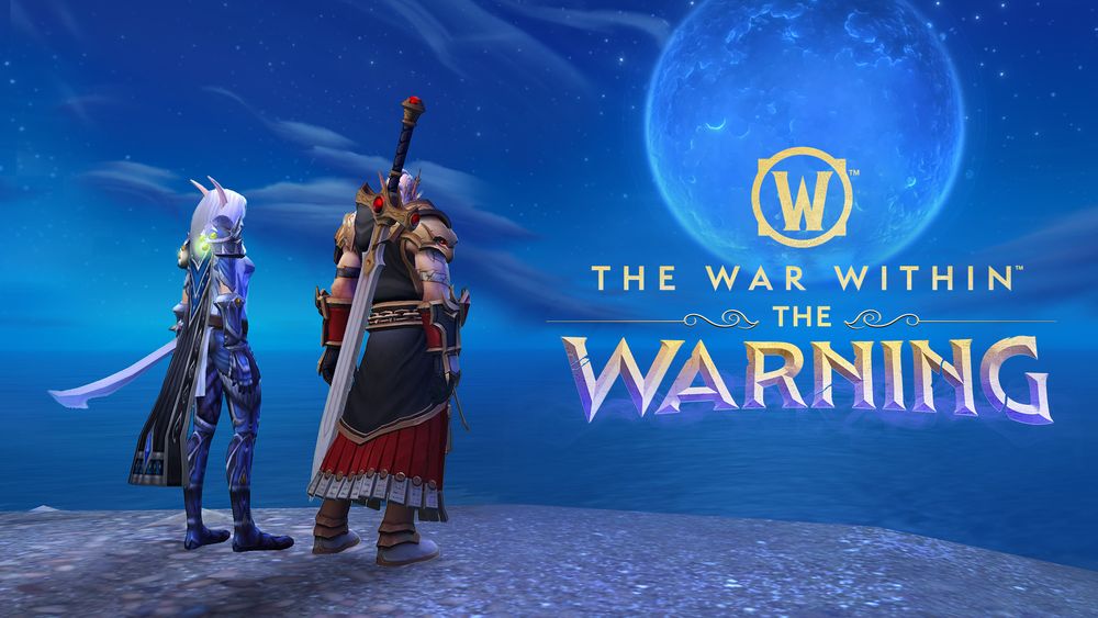 An expansive shot of Arator and Vereesa Windrunner standing on a rocky outcropping overlooking a vast body of water. Both characters are armed with blades. It’s a beautiful, starry night, and the Moon is massive in the sky. The World of Warcraft: The War Within - The Warning logo is on the image. 