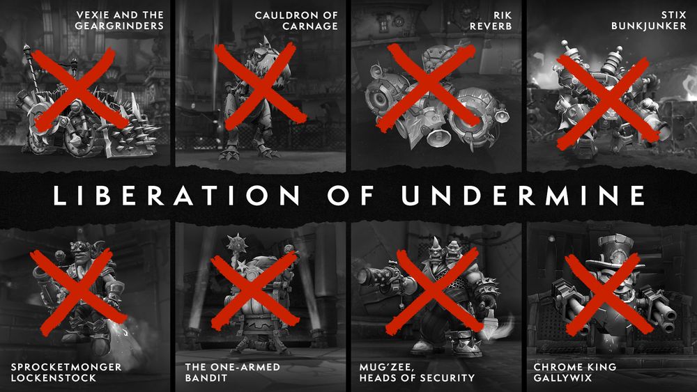 An infographic featuring images of the eight bosses of the new raid in Undermine(d), arranged in two rows of four, with large text in the middle that reads “Liberation of Undermine”. 

They are as follows:
Vexie and the Geargrinders – A giant silver mechanical vehicle.
Cauldron of Carnage – A silver and yellow mechasaur.
Rik Reverb – A goblin piloting a red flying vehicle with giant speakers.
Stix BunkJunker – A goblin-piloted giant silver-blue mech.
Sprocketmonger Lockenstock – A goblin, hovering from a flaming jetpack.
The One-Armed Bandit – A goblin gaming machine turned violent.
Mug’Zee, Heads of Security – A well-dressed two-headed ogre.
Chrome King Gallywix – A flying mechanical Gallywix head.

All boss images are grayed out with a big red “X” across, signifying their demise in the Race to World First.
