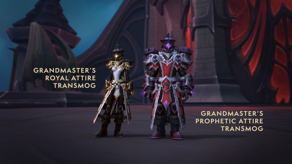 In the center of the image, there are two humanoid figures standing next to each other. 

On the right of the image, there is a Mag’har Orc equipped with a new transmog weapon that resembles a mace. The end of the mace is very similar to a knight chess piece. It is covered in silver metal spikes along the head. Located on the right side of the figure is the text, “Grandmaster’s Prophetic Mace”.

On the left side, there is another figure showcasing a large gold chess piece on the back of the figure. The chess piece looks planted into a chessboard with black and white tiles with golden knight pieces on the side. On the left side of the figure, it reads, “Grandmaster’s Royal Bulwark”.

Behind the figures, there is a large castle on the left side of the image. They are both standing on top of a rooftop.