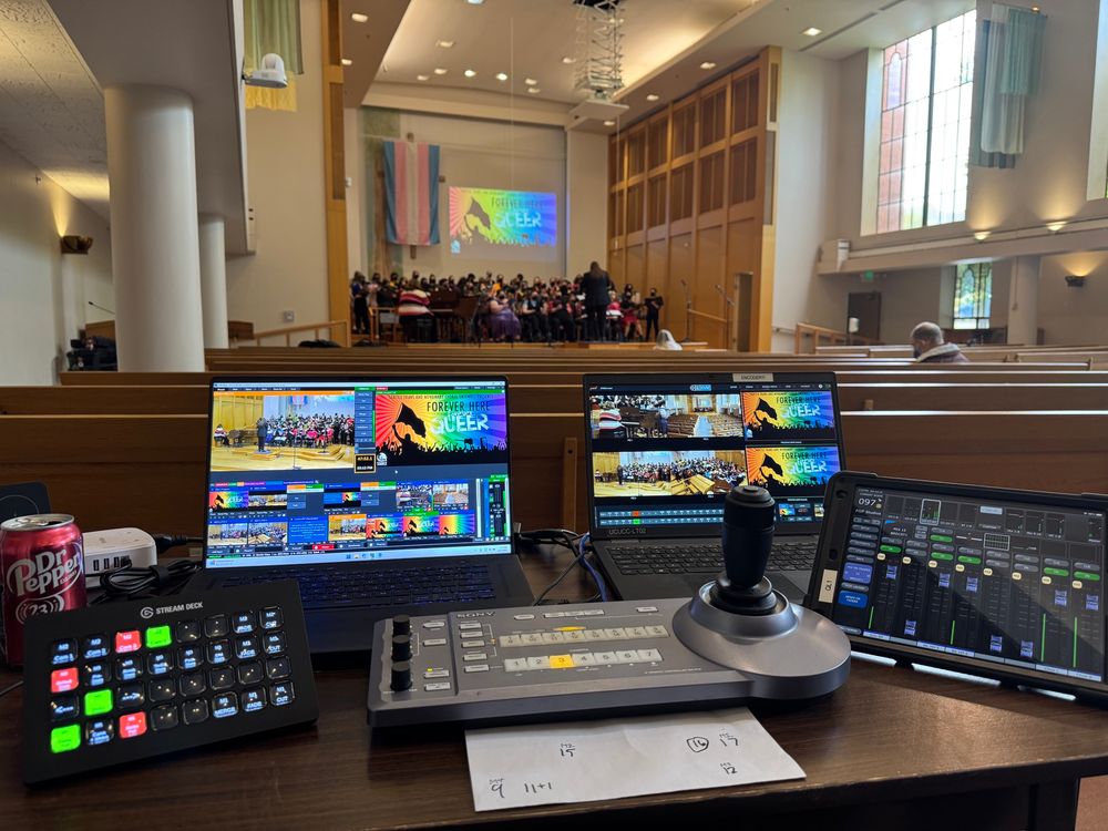My perspective from the tech table of the STANCE choir warming up at University Congressional United Church of Christ.