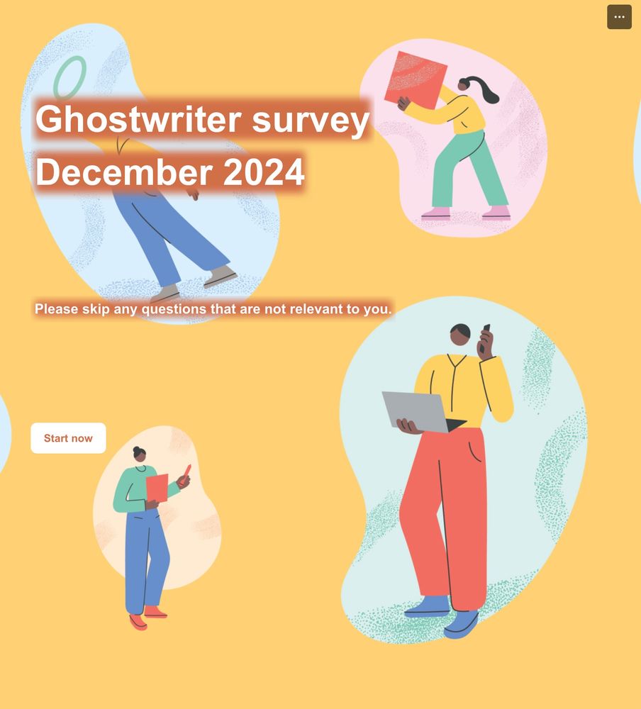 Screen shot of survey intro page with graphics of various writers completing the survey on a yellow background and the words:

Ghostwriter survey December 2024

Please skip any questions that are not relevant to you. 

Start now