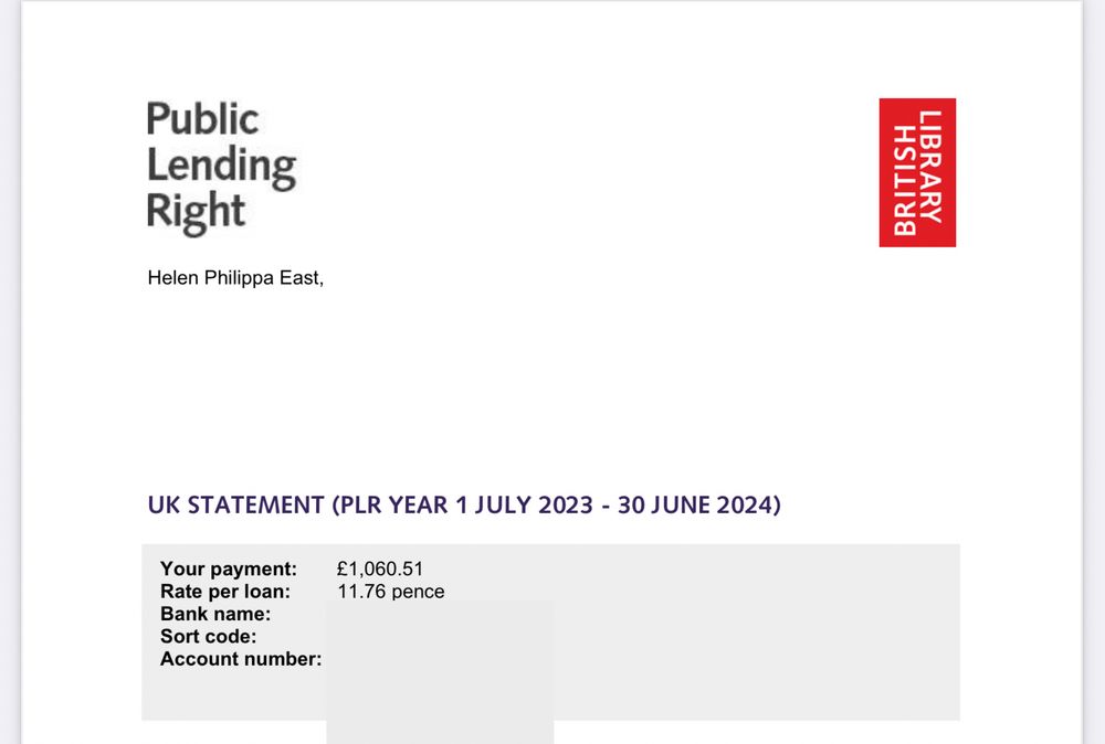 Screenshot of Public Lending Right statement from the British Library showing income of £1060.51