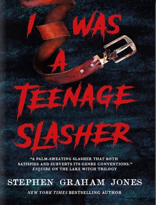 Picture of the book cover with the title, written in jagged red capitals against the dark blue background and an image of a curled leather belt