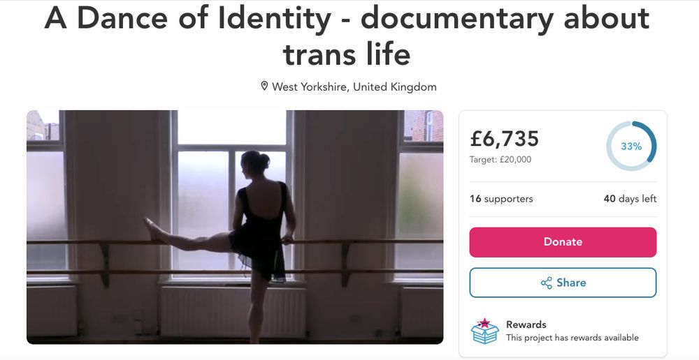 screenshot of the crowdfunding page with a still from the film showing Sophie dancing at the ballet barre. 