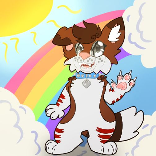 A chibi anthro puppycat standing on a cloud waving to the camera in front of a rainbow