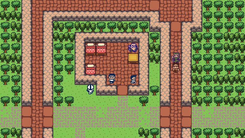 Screenshot of Stories from Danger's Den, an 8-bit-style game with a top-down view. A house is surrounded by city walls, which are surrounded by a forest. The house has warm gray cobblestone walls, red-brown flagstone floors, and three beds. Three townspeople wander around inside. A guard patrols the courtyard outside the house but inside the city walls. Two adventurers walk atop the city walls.