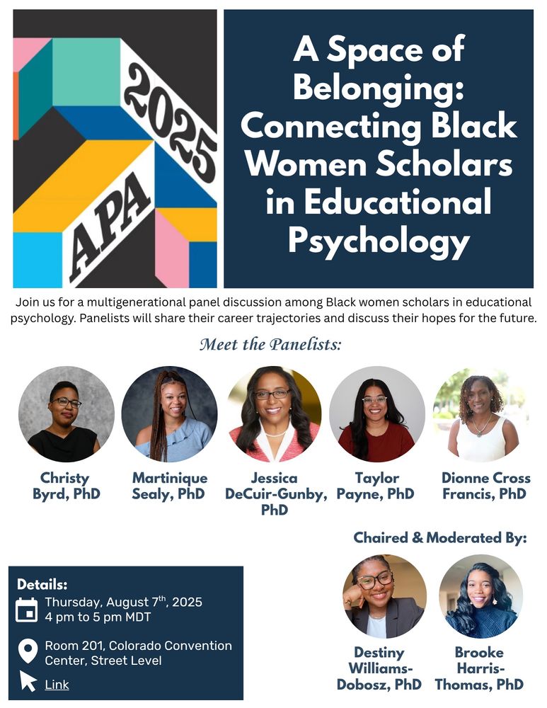Blue and white flyer featuring 7 Black women scholars in Educational Psychology 