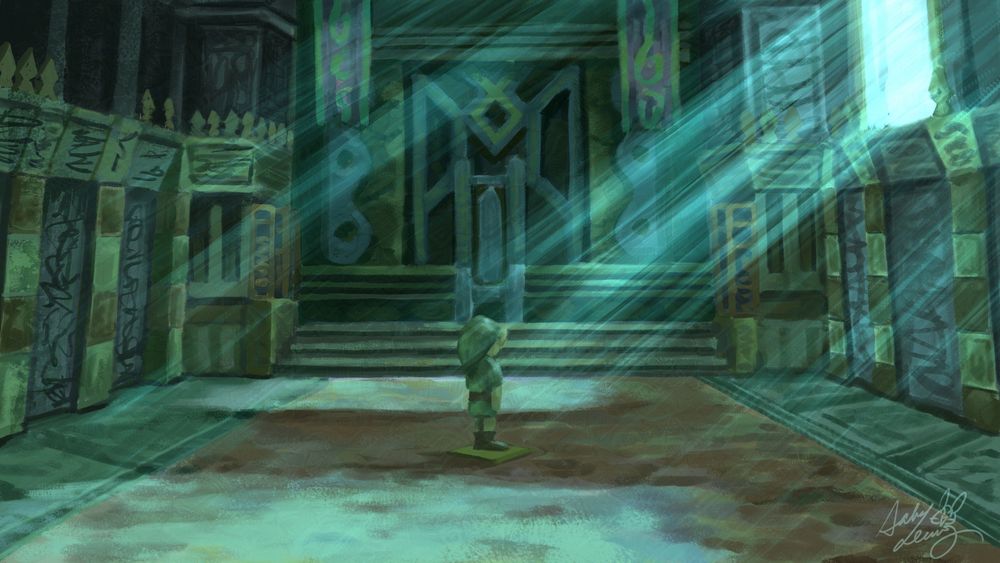 A digital illustration of the Ikana castle throne room from The Legend of Zelda Majora's Mask. Link's empty husk stands in the middle as god rays from the open windows shine into the room.