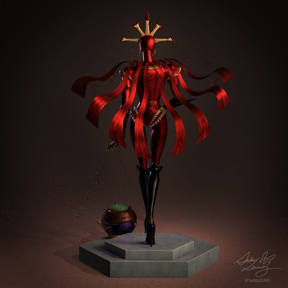 A 3d render of Hexadecimal from Reboot. She is descending down stairs with Scuzzy at her feet.