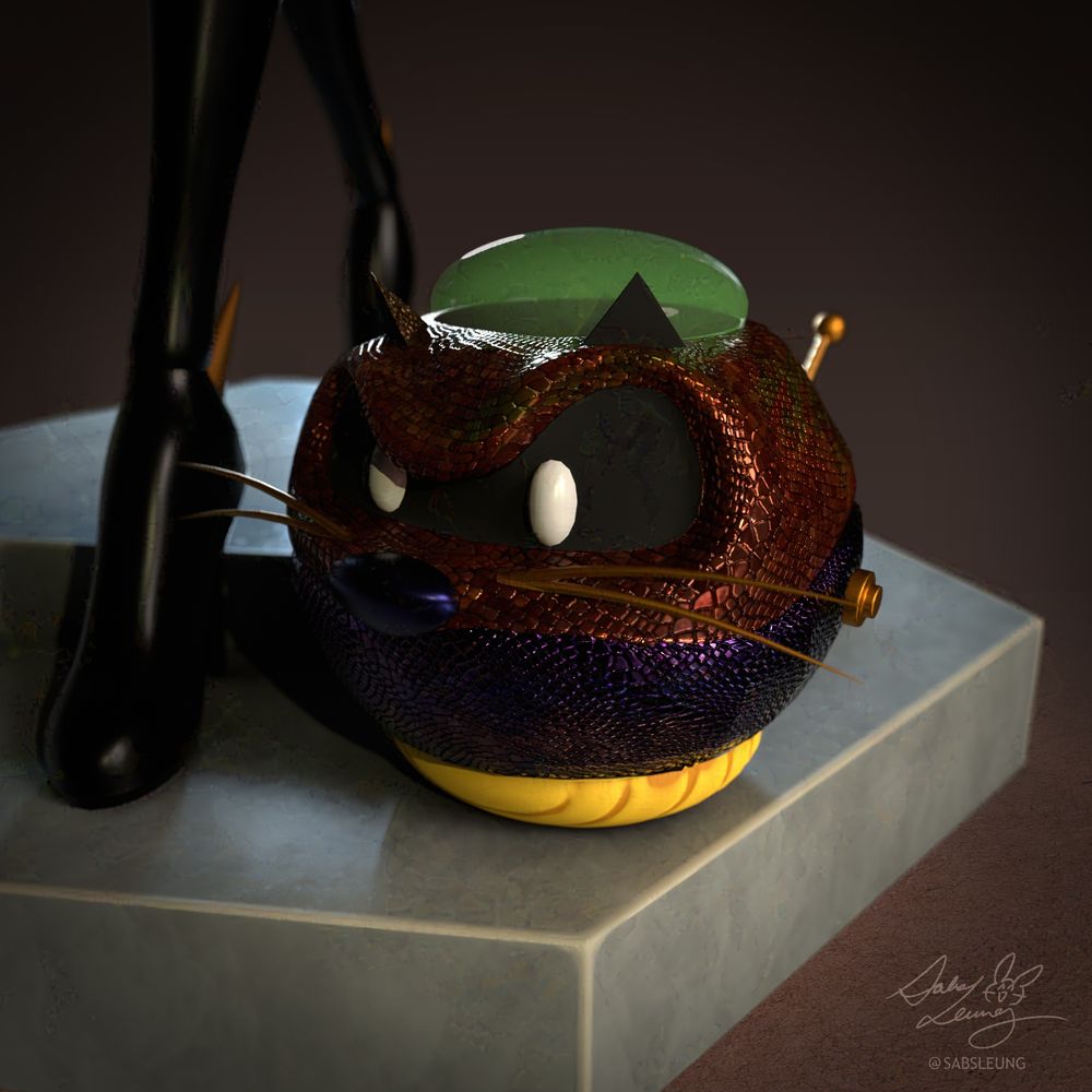 A 3d render of Hexadecimal from Reboot. She is descending down stairs with Scuzzy at her feet.