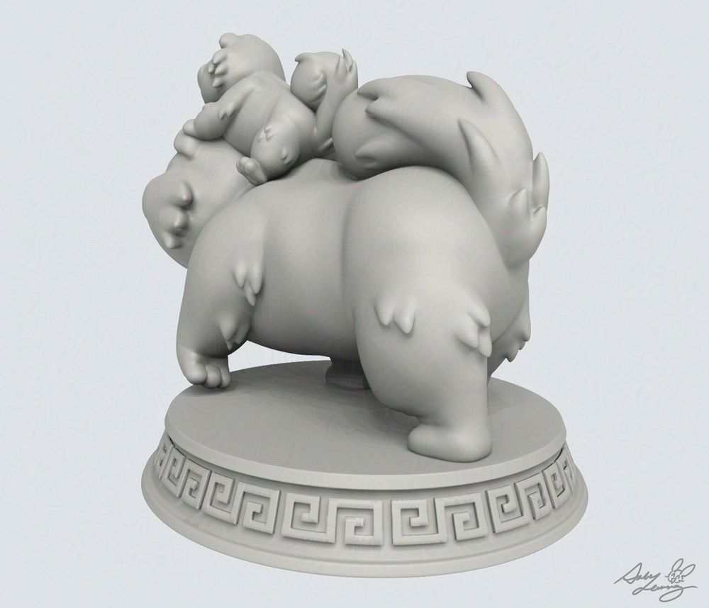 A 3d render of a large, cartoonish Chow Chow dog. There is a smaller Chow Chow puppy perched on its head resting its chin on its paws.