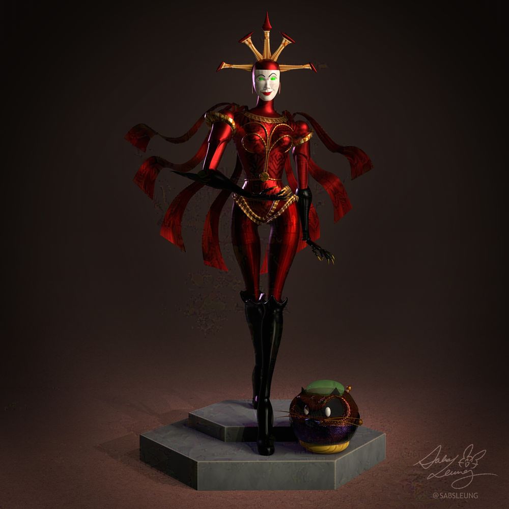 A 3d render of Hexadecimal from Reboot. She is descending down stairs with Scuzzy at her feet.