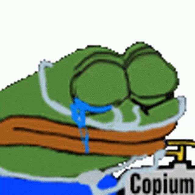 a pixel art of a frog crying with the word copium written on the bottom