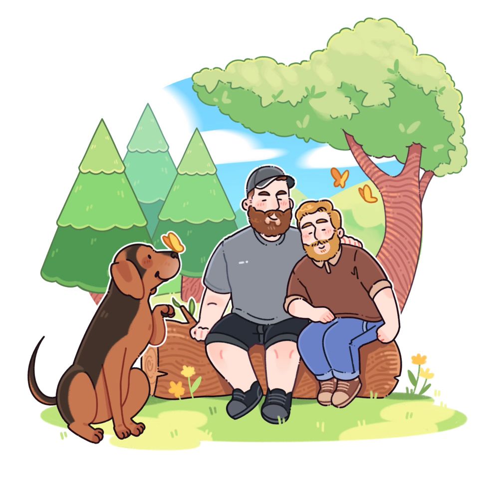 Drawing of two men and their dog 