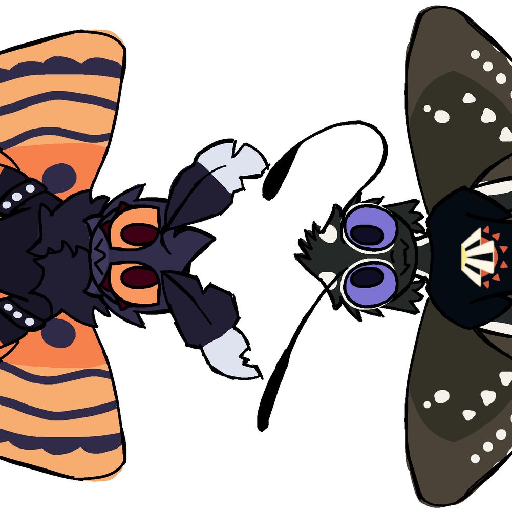 Cryptid and Serotine on both sides of the drawing forming a heart using their antennae