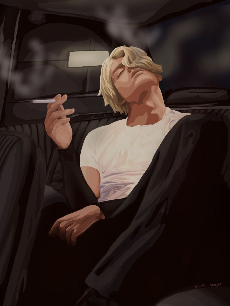 a digital drawing of andrew minyard sitting in the backseat of a car, smoking a cigarette, his head tilted back