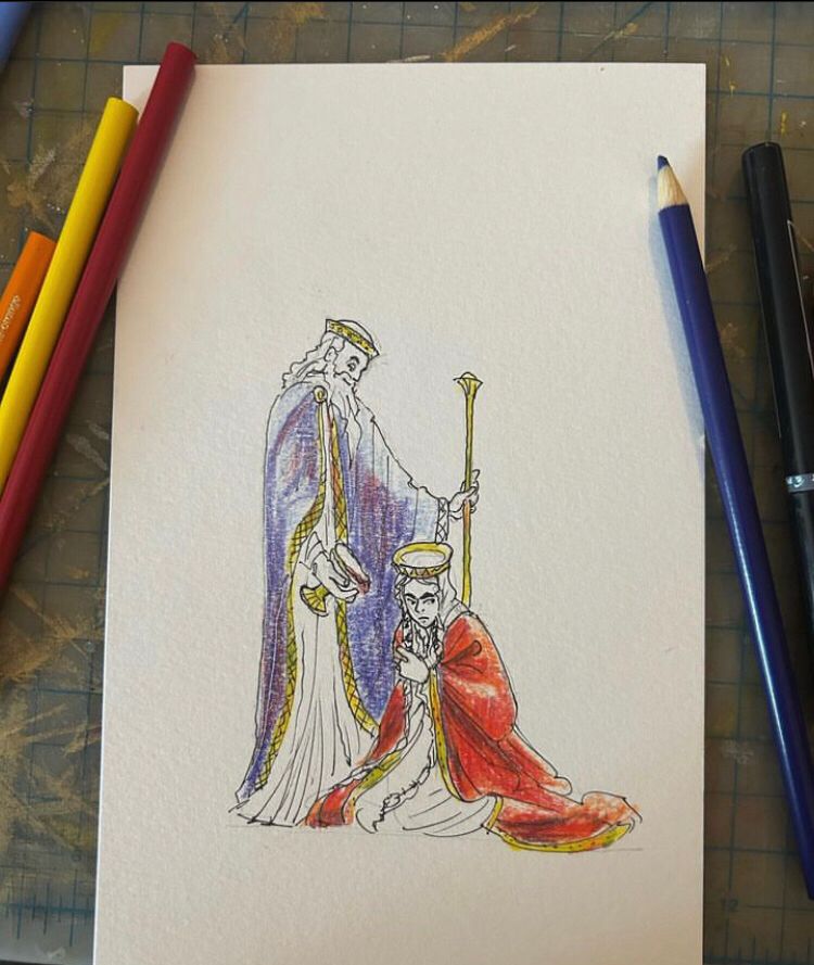 The historical characters Alboin and Rosamund from Tolkien’s “The Lost Road.” Alboin in blue is giving Rosamund in red a cup made out of her father’s skull, which is rather rude. Art by Jared as noted!