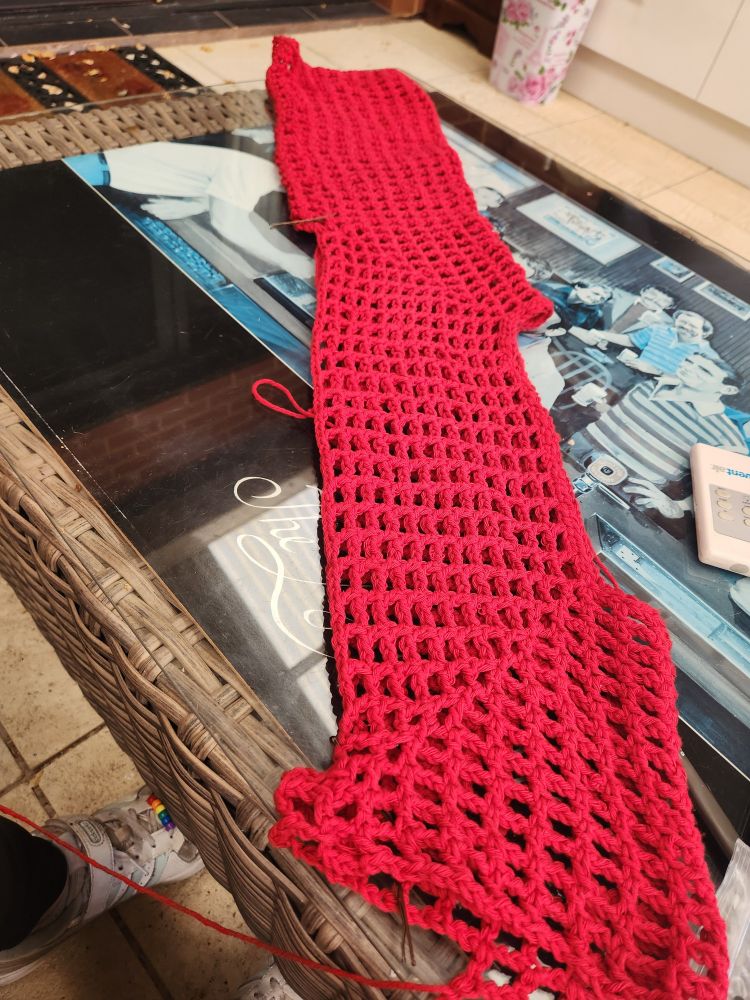 red crochet top with one sleeve finished 