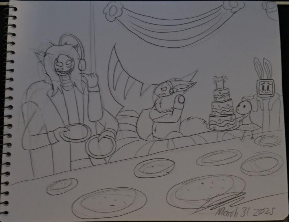 Drawing of Charlie and Delta in Mozelle's Castle, having a feast. Yes, this is a reference to Regretevator.