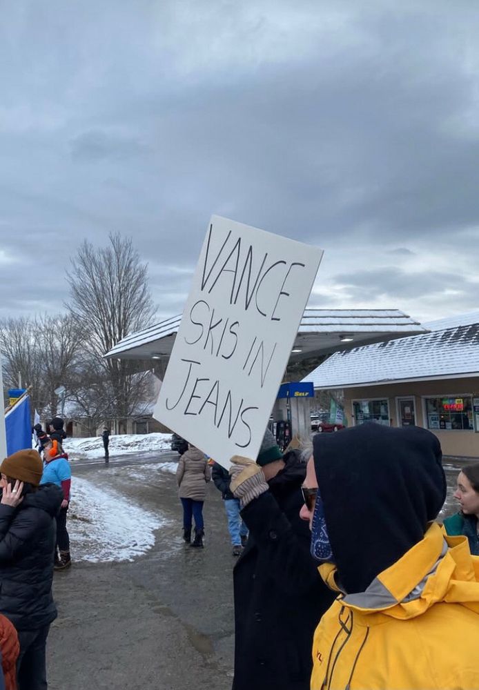 Photo of a protest sign reading Vance Skis in Jeans