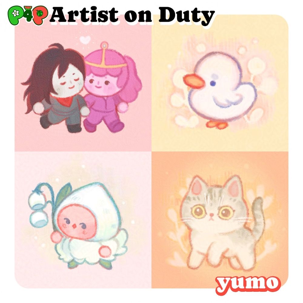 Collage of 4 examples from artist Yumo. The top left shows a pastel chibi drawing of marceline and princess bublegum from the "Adventure time" series. They're holding hands and walking together, while marceline nuzzles bubblegum. The background is a pastel pink with a small white heart above the two characters.
The image on the top right is a small white duck on a pastel yellow background, an off-white floral pattern surrounds the bird.
On the bottom left is a image of a tiny person in a costume shaped like a flower. The costume has a white cap that wraps around the head and a white dress and resembles flower petals pointing downwards. They are holding a Lily of the valley, which is what their appearence is based off. 
Lastly the image on the bottom right of the collage is a pastel gray tabby cat with a white belly. The background is orange and has an off-white floral pattern similar to the one in the top-right image.