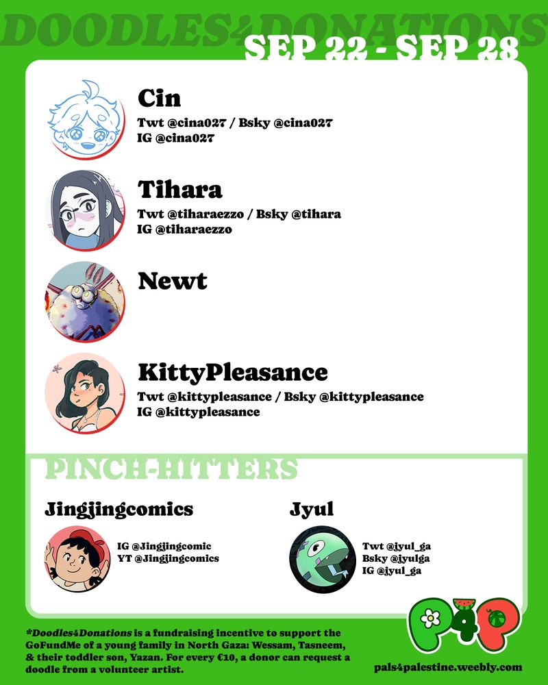 Graphic showing the list of artists for September 22nd to September 28th rotation of Doodles for Donations. Artists are Cin, Tihara, Newt and Kitty Pleasance, with Jing jing comics and Jyul as pinch-hitters.

Footer reads:  Doodles 4 Donations is a fundraising incentive to support the GoFundMe of a young family in North Gaza: Wessam, Tasneem, and their toddler son, Yazan. For every €10, a donor can request a doodle from a volunteer artist.