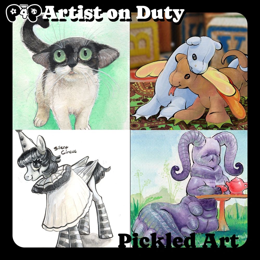 Collage of 4 examples from the artist Pickled Art. The top left is a illustration of a cat looking at the viewer with its ear folded back and its tongue sticking out. Top right is a picture of two plush dragons huddled together in a child's bedroom. Bottom left is a black and white drawing of a "My Little Pony" OC named Silent Circus. They have a long shawl, a tall pointed hat, and a frilled collar. On the bottom right is a purple worm sitting on a field with a small table drinking some tea. 
