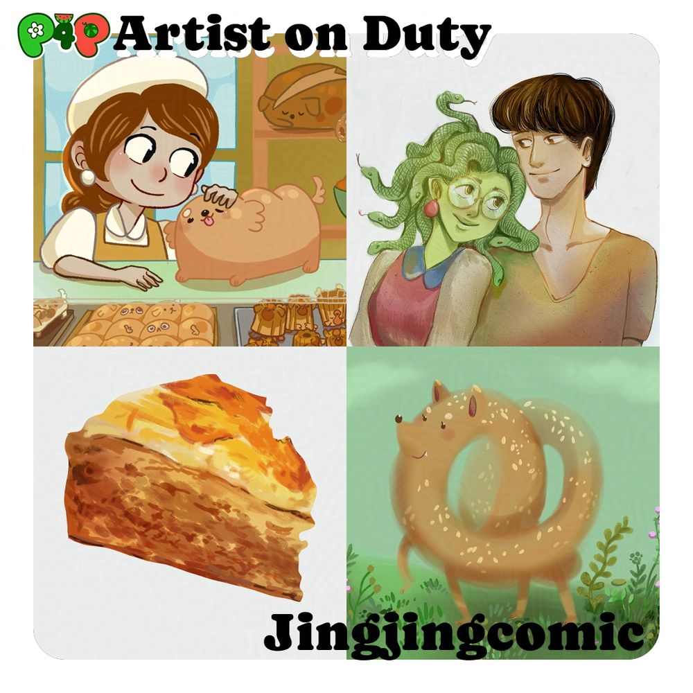 Collage of 4 examples from artist Jingjingcomics. The top left picture shows a baker in a bakery full of living dog pasteries. The Baker is petting a dog that resembles a loaf of bread. The Image on the top right depicts two characters: The character on the left have green skin and glasses with snakes as hair, they are also leaning on the other character while looking at them. On the right is a character is a masculine person with brown hair and a yellow shirt, they gaze back at the first character. Bottom left is a simple painting of a cheesecake on a white background. To the bottom right is a pretzel shaped dog galloping through grassy field.