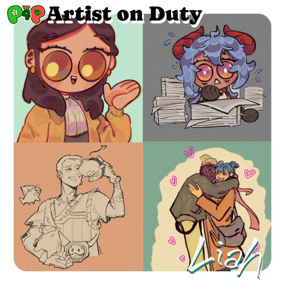 Collage of 4 works from the artist Liah. Top left shows a portrait of a person with long brown hair this large light brown eyes. They are looking at the audience and waving with a cheerful expression. Top right shows the character Ganyu from "Genshin Impact" surrounded by paperwork with a worried expression. Bottom left is a portrait of Gekko from "Valorant" with his buddies (three small creatures that surround him). One is in his arms, Another is nuzzling his head, the last creature is looking on from the side. Bottom right is a image of Ekko and Jinx from "Arcane" hugging lovingly.