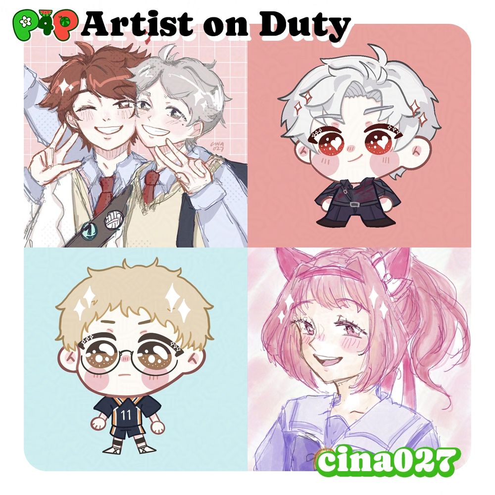Collage of 4 examples from the Artist Cin. Top left shows two characters from "Haikyuu", Sugawara (Left) and Oikawa (Right) posing at the viewer and both showing peace signs with their hands. Both characters are wearing a shirt, vest, and tie. Sugawara, additionally has a white jacket and sash. Top right is a Chibi version of a Sylus from "Love and Deepspace". They have sparkles on both sides of their head and smirking expression in a mostly dark outfit. Bottom left is an image of a Chibi Tsukishima from "Haikyuu". They appear to have a neutral expression. Bottom right is a portrait of Haru Urara from "Umamusume" their hair is tied up into ponytail. They have pink ears and a bow on their left ear. The clothes they are wearing is a purple school uniform. They have a smiling blush and is looking towards the viewer.
