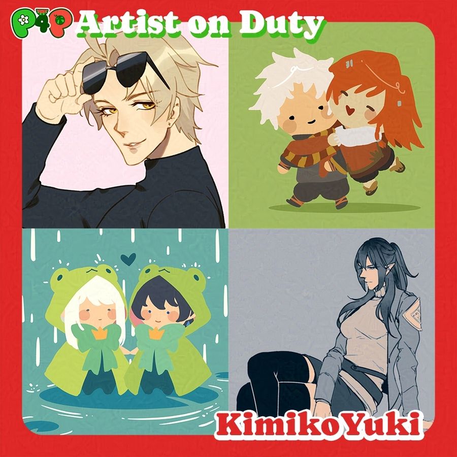 Collage of 4 examples from artist KimikoYuki. The upper left is a drawing of a handsome blond-haired character raising a pair of sunglasses from his eyes as he is looking at the viewer. The upper right is a chibi-bean style drawing of two characters, the left one being jump-hugged from the back by the other. The left character is a white haired boy in an orange scarf and black clothes, while the character on the right is a orange-haired girl in an orange tunic and white shirt. They are on a matcha green background. The bottom left is an illustration of estinien and aymeric from final fantasy 14. They are drawn in a chibi-bean style and are dressed in green frog rain cloaks with large green bows that have a gold crown at the center of it, around their neck. There is a floating heart between them just above their heads. They are standing on a lily pad in the rain. The bottom right is a sketch of a woman with long dark hair sitting crossed legged. She has a stoic expression and is dressed in a turtle neck, jacket, miniskirt, and thigh-high boots. The image uses a monochrome colour scheme.