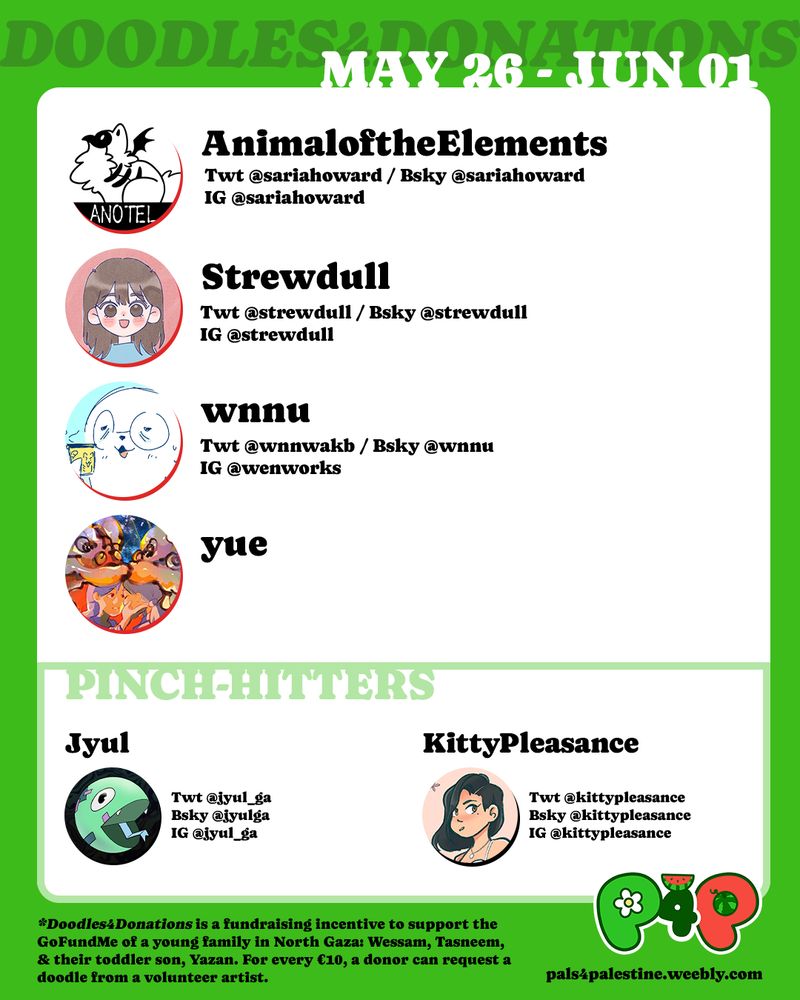 Graphic showing the list of artists for May 26th to June 1st rotation of Doodles for Donations. Artists are Animal of the Elements, Strewdull, wnnu, and yue, with Jyul and Kitty Pleasance as pinch-hitters.

Footer reads:  Doodles 4 Donations is a fundraising incentive to support the GoFundMe of a young family in North Gaza: Wessam, Tasneem, and their toddler son, Yazan. For every €10, a donor can request a doodle from a volunteer artist.