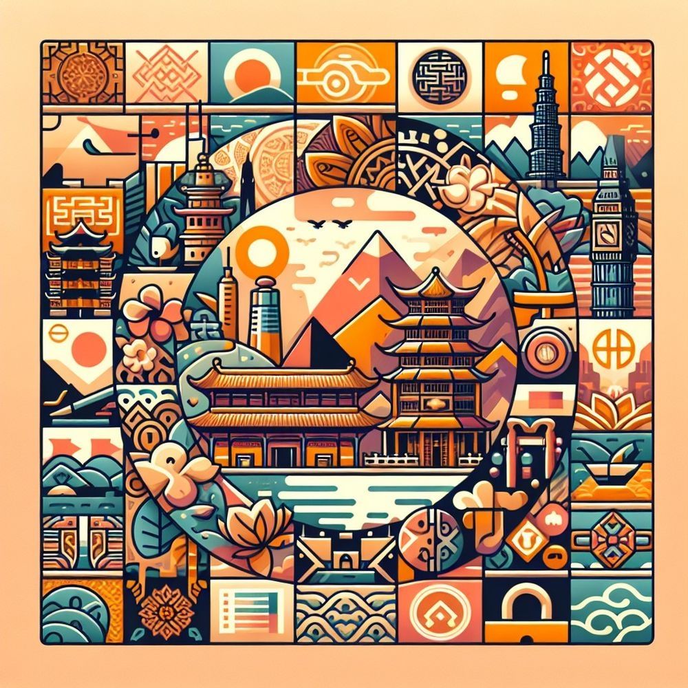 AI-generated and colorful illustration featuring iconic Asian landmarks and cultural motifs in a stylized, geometric design. The central circle showcases traditional pagodas, modern skyscrapers and mountains under a bright sun. Surrounding panels include symbols like lotus flowers, waves, cherry blossoms, dragons, and famous buildings such as Taipei 101. The palette uses warm oranges, blues and pinks to evoke a vibrant, harmonious atmosphere blending tradition and modernity. Being used to publicise tourism within Tokyo, Sendai, Sapporo, Osaka, Nagoya, Kitakyushu–Fukuoka, Busan, Daegu, Daejeon, Goyang, Gwangju, Incheon, Suwon, #CentralDelhi, #NorthWestDelhi, #SouthWestDelhi, Songpa-gu, Nowon-gu, Gangseo-gu, Gangnam-gu, etc.