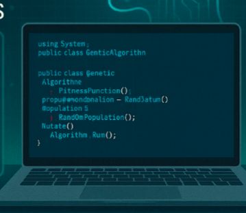 Drawing of a laptop with programming code on the screen. The code contains garbled letters and nonsense words.