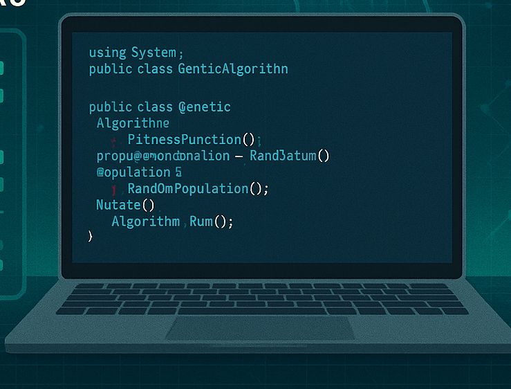 Drawing of a laptop with programming code on the screen. The code contains garbled letters and nonsense words.